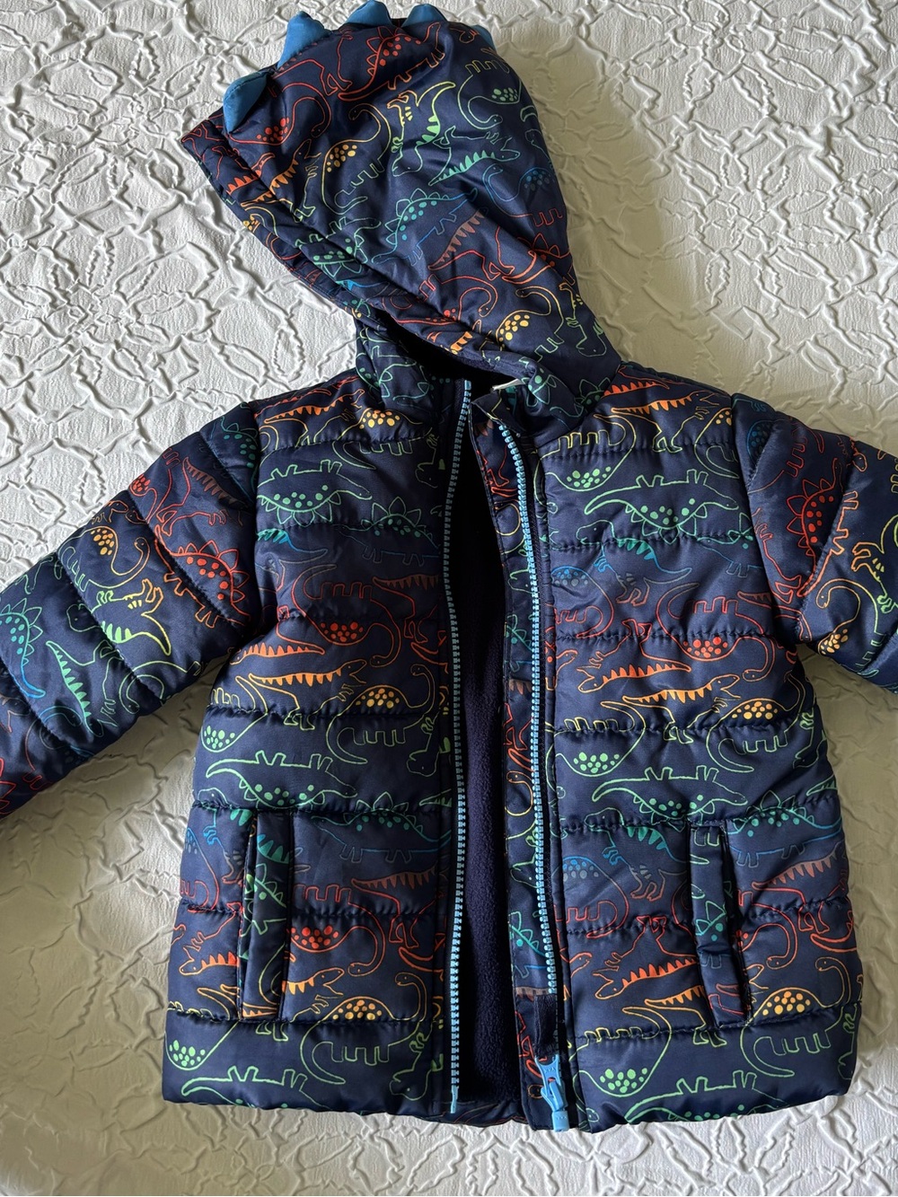 Little Me Navy Dinosaur Print Puffer Jacket with Multicolor Accents